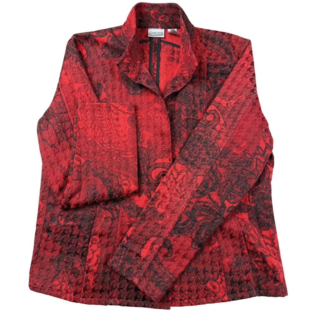 Chicos Red Black Paisley Jacquard Button Front Jacket Size 2 Large Mock Neck